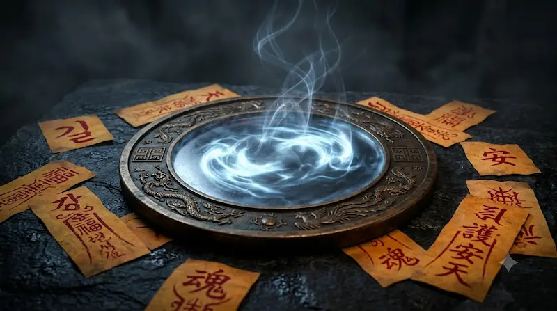 Soul shifting magic visualization with bronze mirror and Korean talismans from Alchemy of Souls