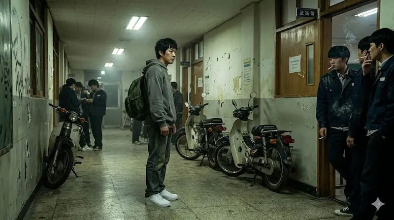 Bong Geun-dae goes undercover as a transfer student at the lawless Guun Hi-Tech High School in Teach You a Lesson episode 2.