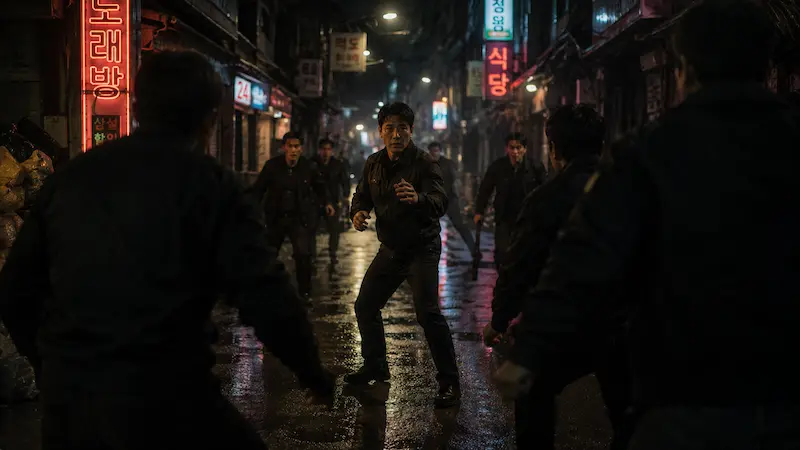 Fifties Professionals Episode 5 ending scene with Jung Ho-myung raising his guard as Ingu gang members close in from all sides in a narrow alley