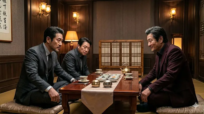 Fifties Professionals Episode 6 — The Three Men Rigging the Mayoral Race Fifties Professionals Episode 6 scene where Han Kyung‑wook, Chairman Do, and Yoo In‑gu meet to discuss the mayoral election conspiracy