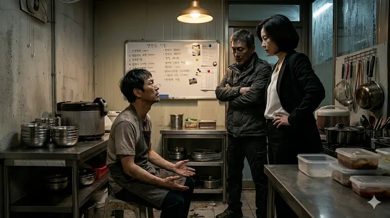 Bong Je-sun pleading memory loss to Jung Ho-myung and Prosecutor Kang Young-ae in Fifties Professionals episode 10