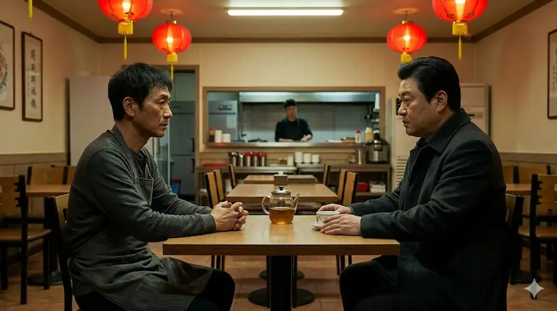 Jung Ho-myung and Han Gyeong-uk facing off at Oran Chinese Restaurant in Fifties Professionals episode 10