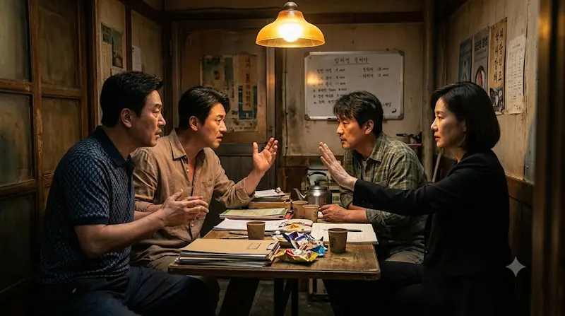 Four pros arguing inside Oran Restaurant back room while Prosecutor Kang mediates in Fifties Professionals episode 11