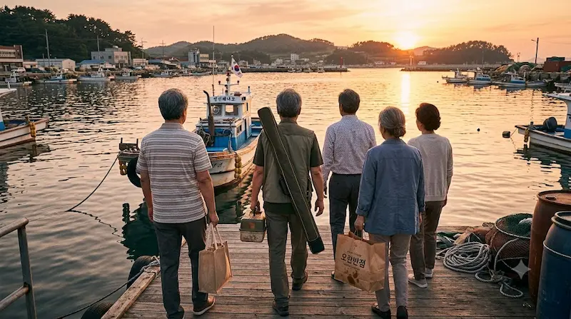 Four pros and Park Mi-kyung walking the Yeongseon Island pier in the Fifties Professionals episode 12 finale happy ending