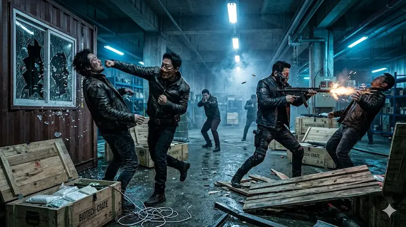 Jung Ho-myung and Kang Beom-ryong break the In-gu Faction's drug deal in a coordinated action sequence in Fifties Professionals episode 7