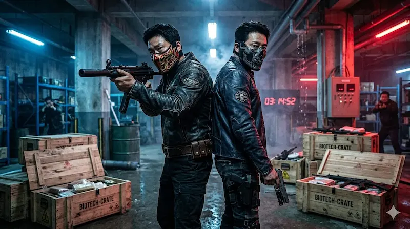 Jung Ho-myung and Kang Beom-ryong wearing masked racer disguises during drug bust operation in Fifties Professionals episode 7