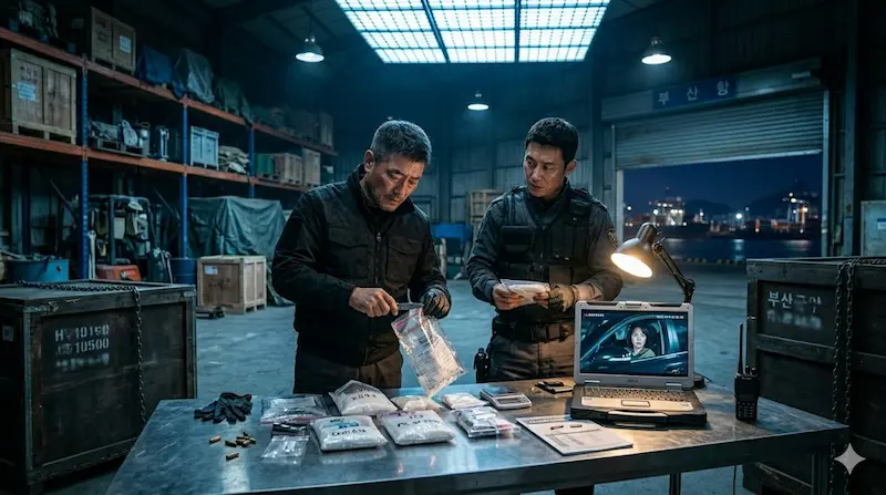 Fifties Professionals Episode 8 Drug Bust Aftermath Jung Ho-myung and Kang Beom-ryong examine evidence after the drug bust while investigating Park Mi-gyeong's mysterious role in Fifties Professionals episode 8.
