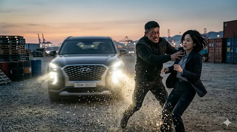 Fifties Professionals Episode 8 Truck Attack Cliffhanger Bong Je-sun pushes Prosecutor Kang out of the way of Yu In-gu's vehicle attack in Fifties Professionals episode 8.