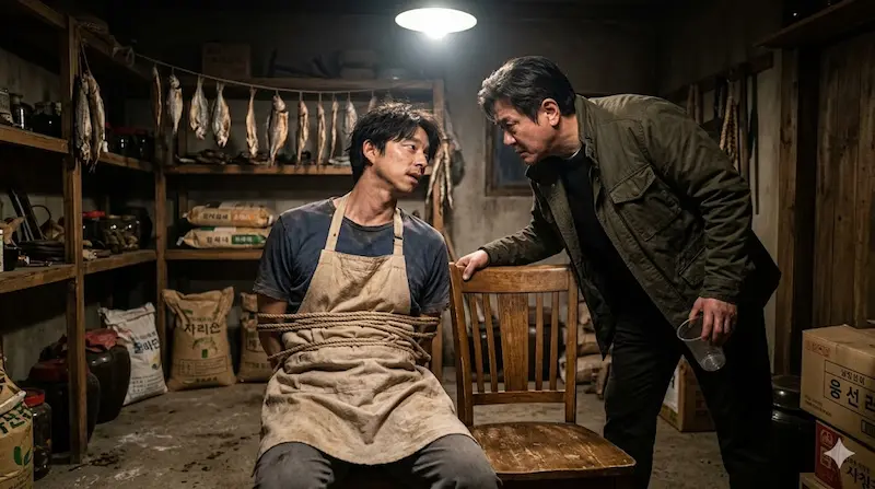 Jung Ho-myung interrogating tied-up Bong Je-sun to test the Bul-gae memory loss claim in Fifties Professionals episode 9