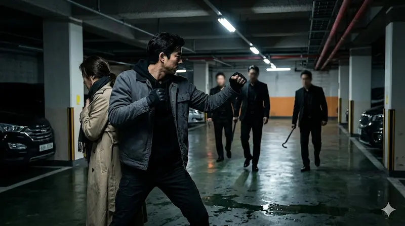 Jung Ho-myung rescuing Oh Ran from Heaven Capital thugs in Fifties Professionals episode 9