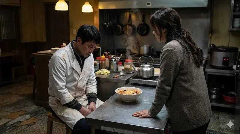 Jung Ho-myung confessing his NIS past to Oh Ran at Oran Chinese Restaurant in Fifties Professionals episode 9