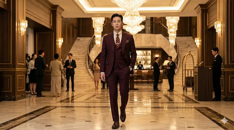 Heo Nam-jun in a deep burgundy three-piece suit with silk shirt as Cha Se-gye in episodes 5-7 of My Royal Nemesis