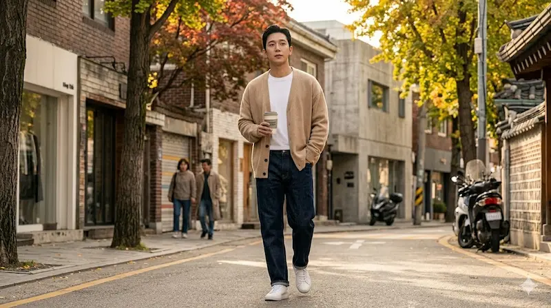 Heo Nam-jun off-duty casual style — beige cardigan and denim look featured in Elle Korea coverage