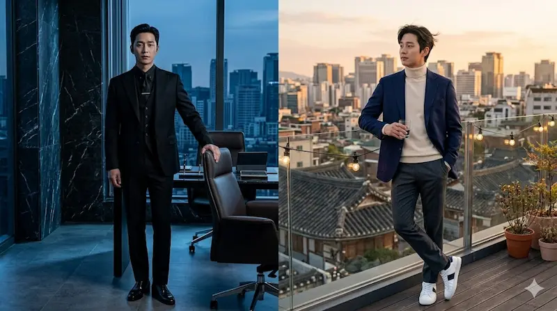 Heo Nam-jun's dual fashion concept as Cha Se-gye in My Royal Nemesis — corporate three-piece suit and romantic turtleneck look