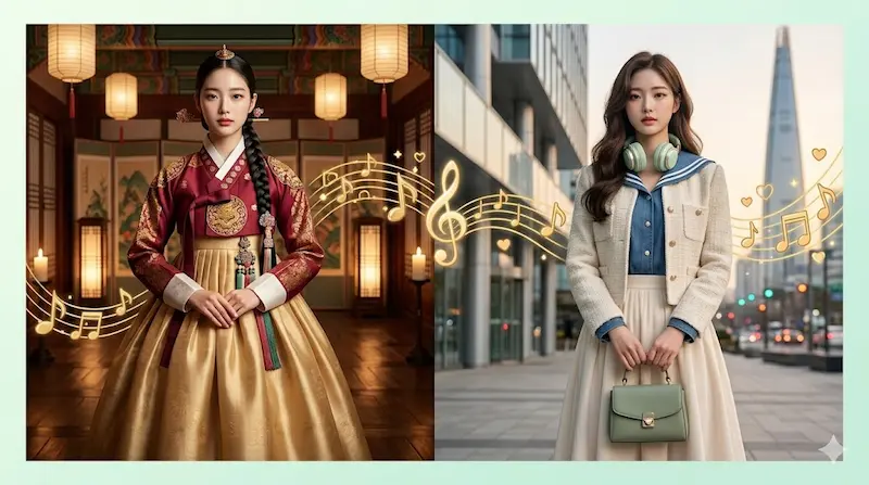 Lim Ji-yeon dual fashion look in My Royal Nemesis showing Joseon hanbok as Kang Dan-sim and modern Seoul wardrobe as Shin Seo-ri