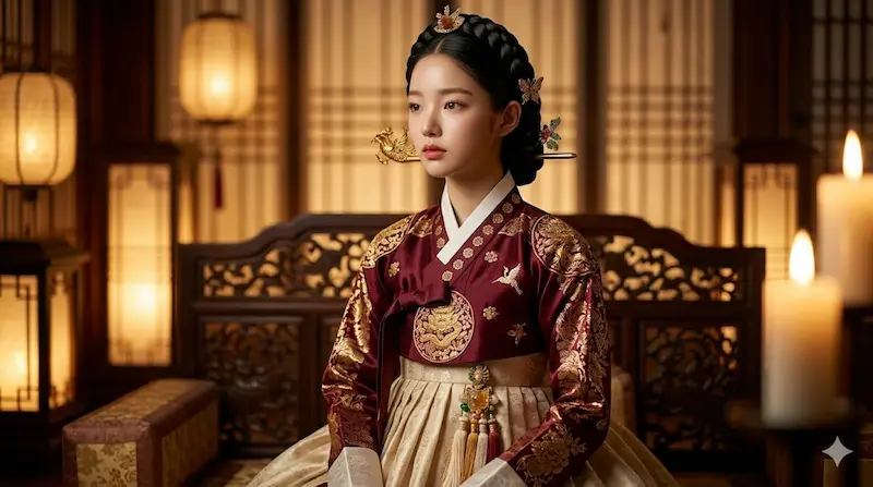 Lim Ji-yeon as Kang Dan-sim wearing traditional Joseon hanbok with wine red jeogori and gold embroidery in My Royal Nemesis