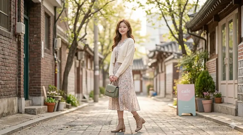 Lim Ji-yeon as Shin Seo-ri in modern casual outfit with cropped cardigan and floral midi dress in My Royal Nemesis