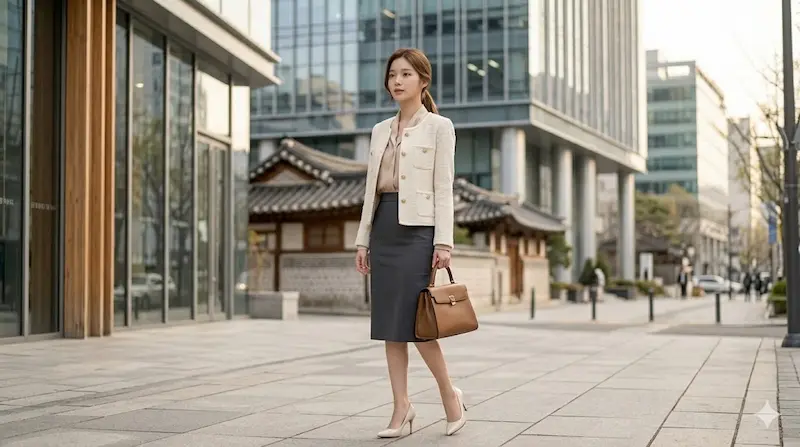 Lim Ji-yeon as Shin Seo-ri wearing OBZEE cream tweed jacket and structured handbag in My Royal Nemesis formal scene