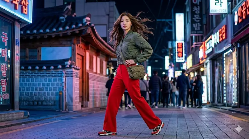 Lim Ji-yeon as Shin Seo-ri in bold red pants and Alpha Industries flight jacket from My Royal Nemesis episode 4 action scene