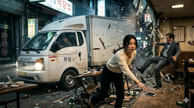 My Royal Nemesis Episode 10 ending scene where a white truck crashes into the restaurant injuring Shin Seo-ri and Cha Dal-su