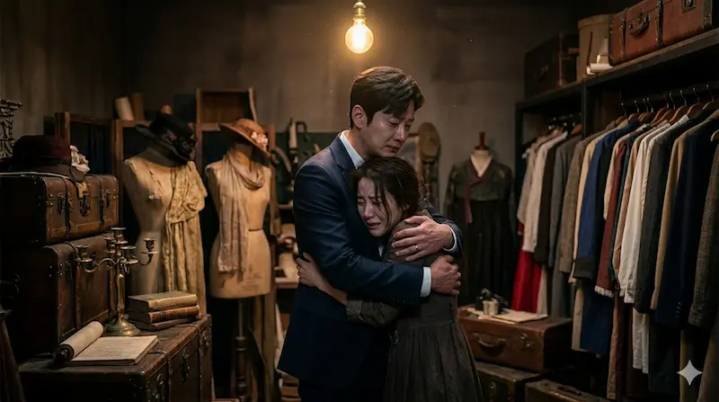 My Royal Nemesis Episode 11 Prop Storage Ending Cha Se-gye holds a sobbing Shin Seo-ri in the prop storage room ending scene of My Royal Nemesis episode 11