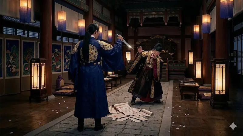  Crown Prince Lee Hyun confronting villain Anjong with eunjangdo dagger and exposed secret letters in My Royal Nemesis episode 14 finale