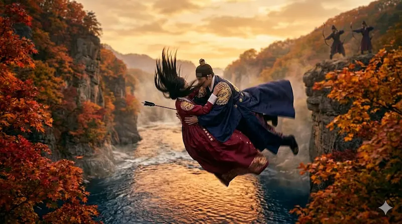 Dan-sim wounded by arrow and falling into river with Crown Prince Lee Hyun shielding her in My Royal Nemesis episode 14 finale climax