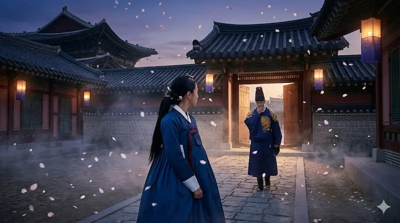 Seo-ri as court lady Dan-sim reunites with Crown Prince Lee Hyun in Joseon courtyard in My Royal Nemesis episode 14 finale