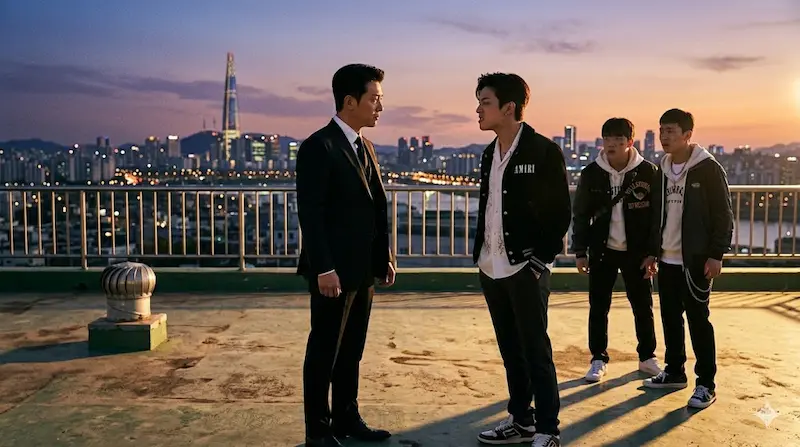 Na Hwa-jin confronts bullying ringleader Ryu Jun-hyung on the rooftop where his victim died in Teach You a Lesson episode 1.