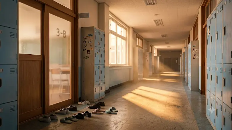 Empty sunlit Korean high school hallway symbolizing the Education Protection Bureau's mission completion in Teach You a Lesson episode 10 finale