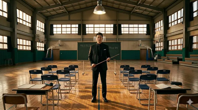 Na Hwa-jin runs a forced make-up class in the school gymnasium for the Guun Hi-Tech bullies in Teach You a Lesson episode 2.