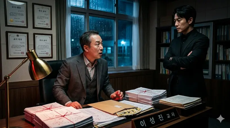 Star teacher Cheon Sang‑yeol is exposed for organized grade manipulation and test‑answer leaks in Teach You a Lesson episode 4.