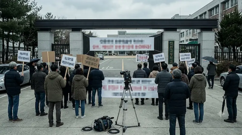 Crowd of citizens protesting Cho Gyu-cheol's parole release outside Jinwon High School in Teach You a Lesson episode 9