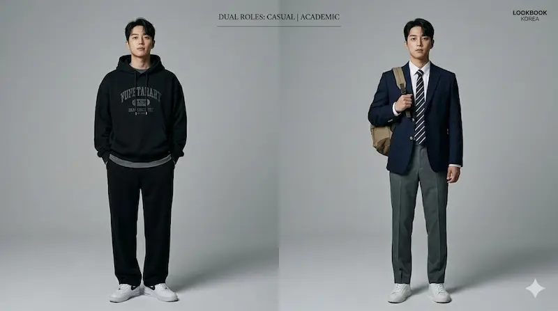 Pyo Ji-hoon's Bong Geun-dae shifts between casual KAIST-genius hoodies and undercover high-school uniforms with white Nike Air Force sneakers in Teach You a Lesson.