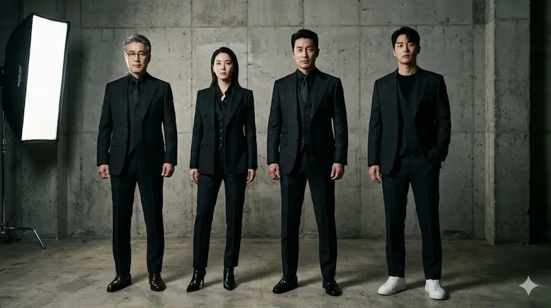 The four leads of Teach You a Lesson Netflix wear coordinated all-black tailoring as the visual signature of the Education Protection Bureau.