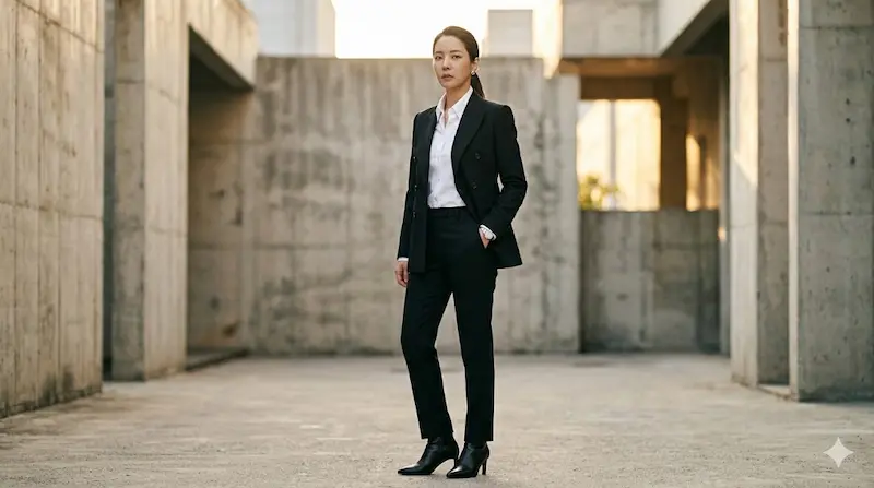 Jin Ki-joo's Im Han-rim wears mannish double-breasted black tailoring that matches Na Hwa-jin without softening her edge in Teach You a Lesson.