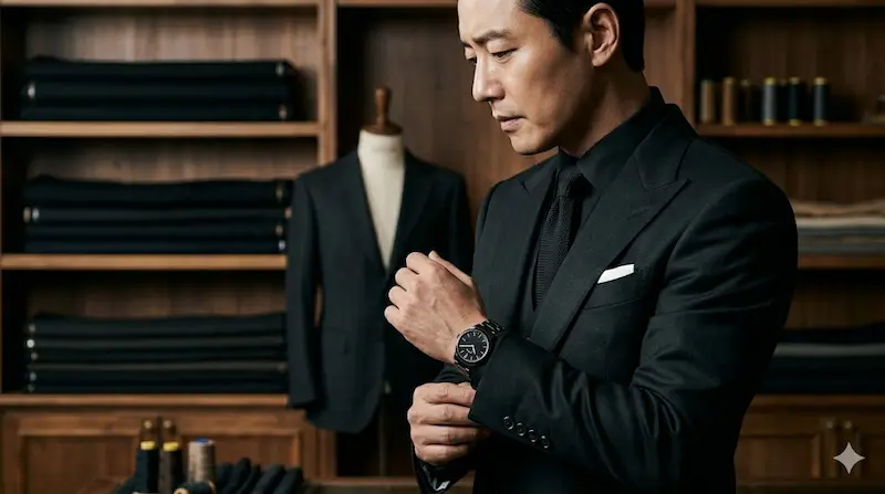 Kim Mu-yeol's Na Hwa-jin character wears a custom-tailored all-black three-piece suit by Korean bespoke house Qui in Teach You a Lesson.