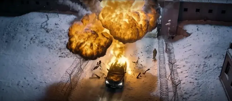 Bigger Than One Father — The Espionage Layer Car explosion scene in Agent Kim Reactivated showing action thriller scale and North Korean espionage confrontation in Netflix drama