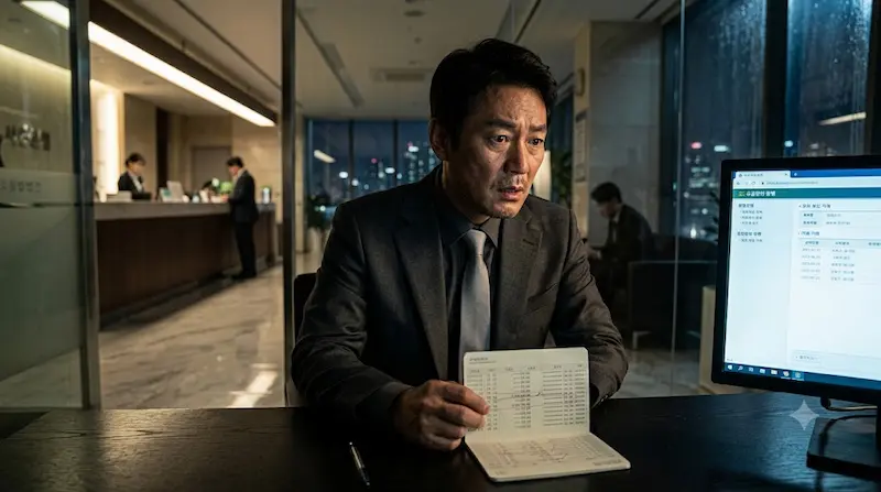 Ji Sung as Park Hae-kang looking shocked at empty bank register in Apartment Episode 5