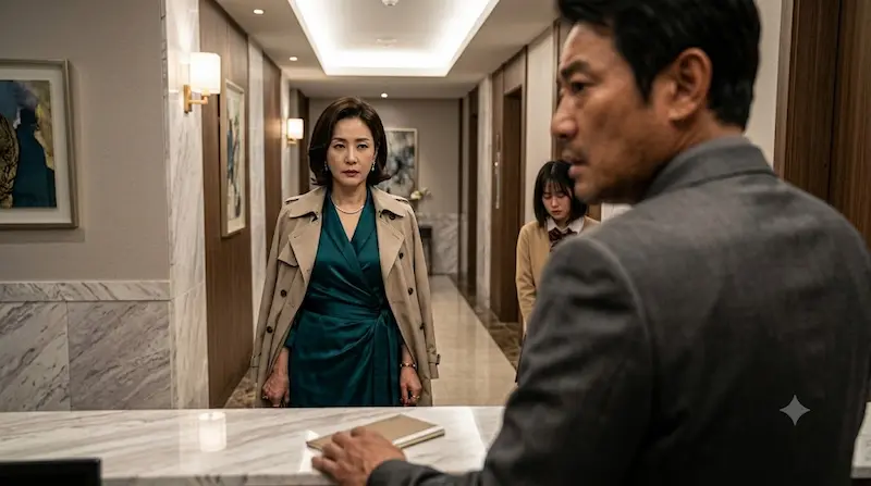 Moon So-ri staring suspiciously at Ji Sung and Ha Yoon-kyung during apartment hallway meeting in Apartment Episode 5