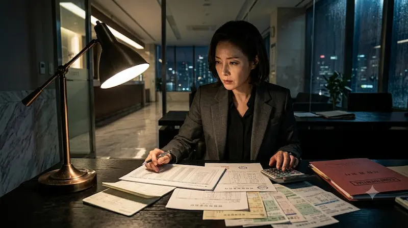 Ha Yoon-kyung examining utility documents and zero heating bill reports in Apartment Episode 6
