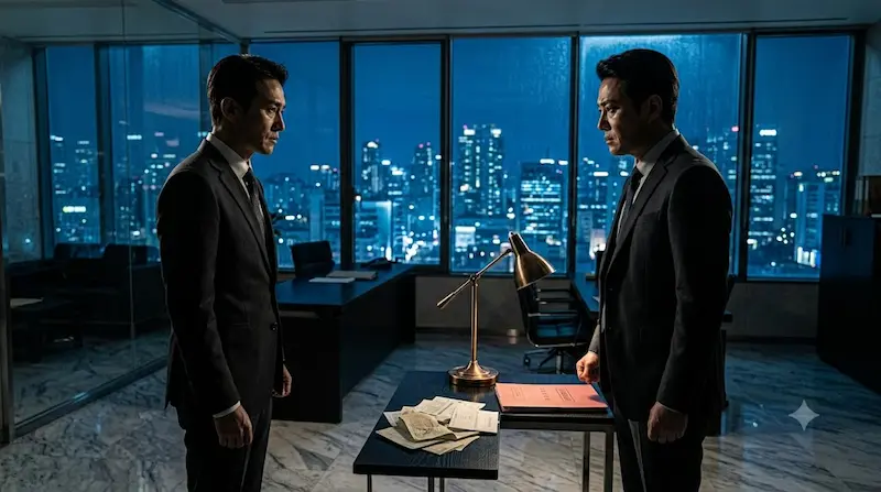 Ji Sung and Park Byung-eun facing each other across executive boardroom table in Apartment Episode 6 finale