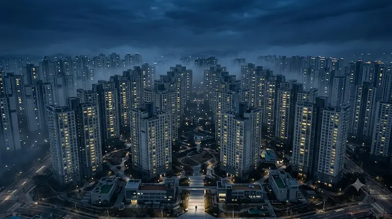 The Apartment Job Bongjour Apartment Night Establishing Shot Bongjour Apartment complex at night hiding secrets in JTBC drama The Apartment Job