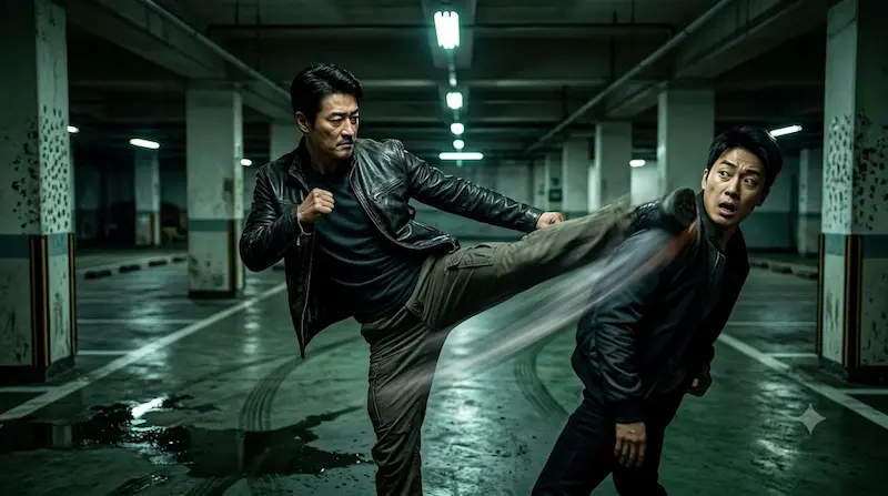 The Apartment Job Episode 3 Parking Garage Fight Scene Park Hae-kang confronts fake gangster boss impersonator in The Apartment Job Episode 3 parking garage scene