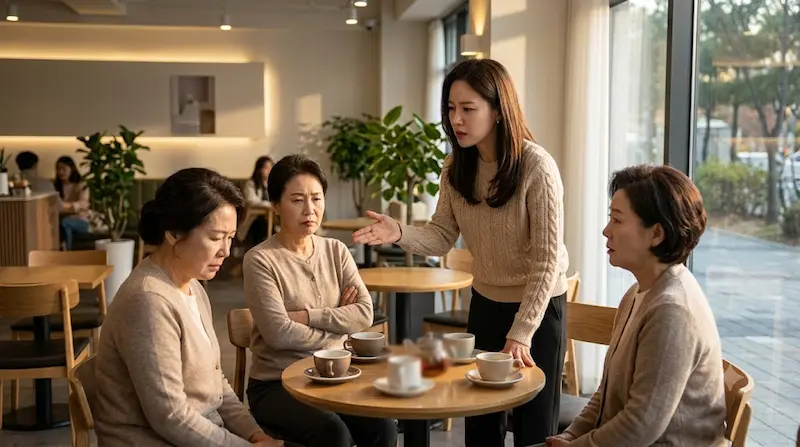 The Apartment Job Episode 4 Cafe Defense Scene Kang Ha-ri defends Park Hae-kang against apartment gossips in The Apartment Job Episode 4 cafe scene