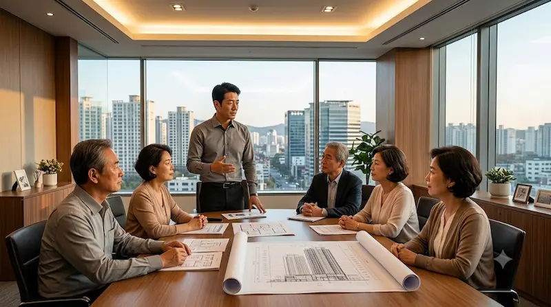 The Apartment Job Episode 2 Residents Association Meeting Park Hae-kang addresses apartment residents association in The Apartment Job Episode 2 revealing 17.8 billion won repair fund