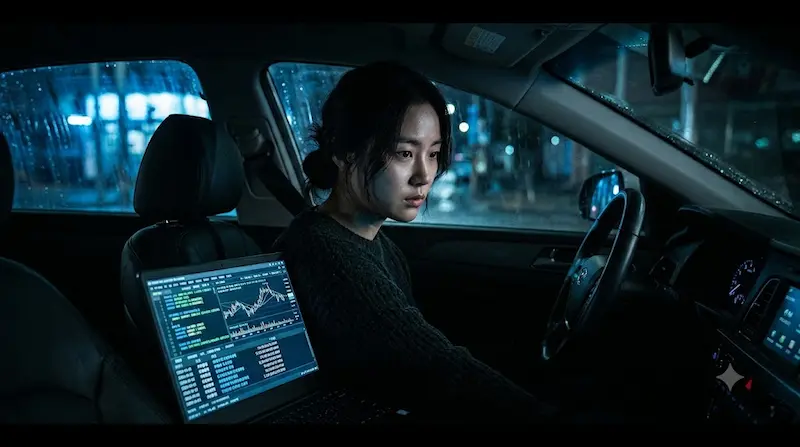 Ha Yoon-kyung working on a glowing laptop inside a dark parked car in Apartment Episode 7