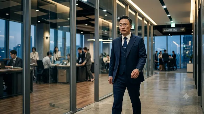 Ji Sung wearing a dark navy suit inside Taesan Construction boardroom in Apartment Episode 7