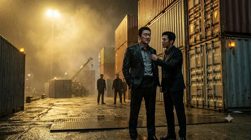 Ji Sung and Park Byung-eun standing near industrial shipping containers in foggy night port in Apartment Episode 8