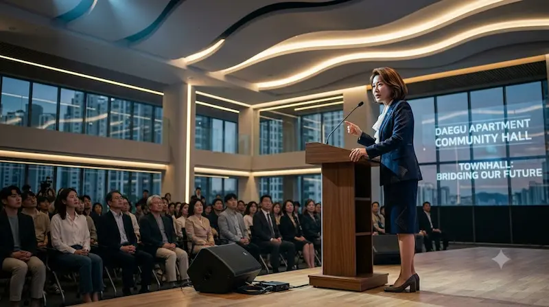 Moon So-ri speaking angrily into a microphone at an emergency tenant assembly in Apartment Episode 8